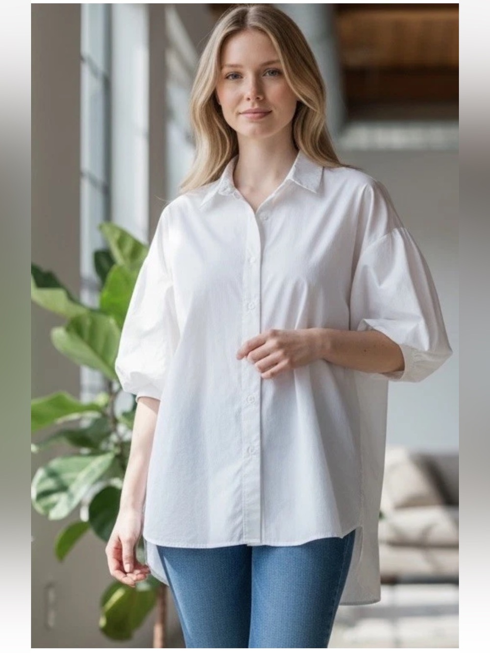 GIBSON LATIMER Crisp Coastal White Tunic Top Medium Puff Sleeve Hi Lo Hem